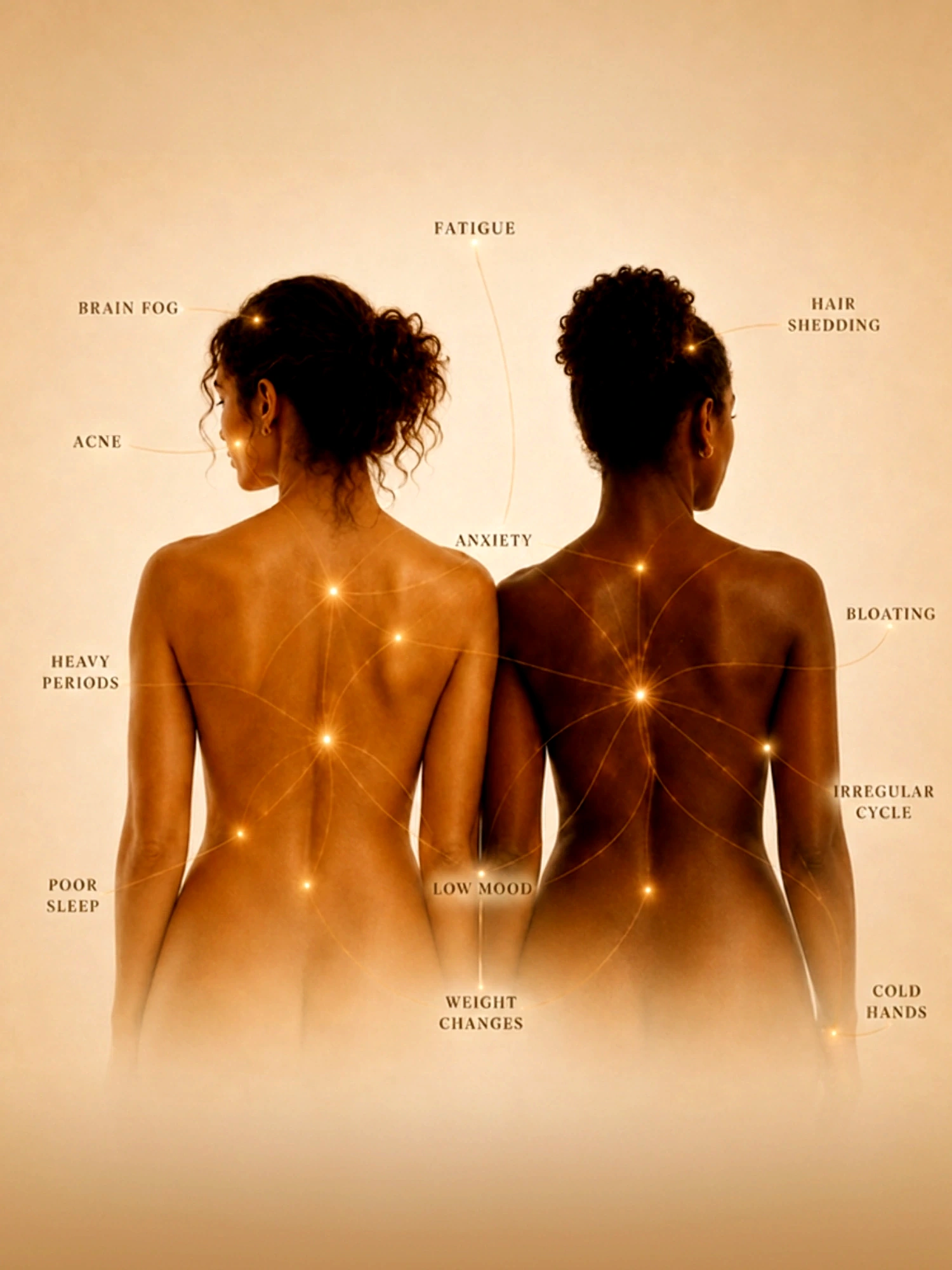 Two women's backs with golden symptom lines connecting points across their skin — the central image of The Body Tell